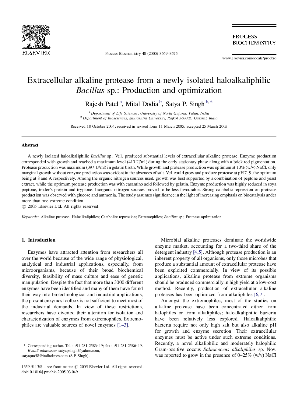 Extracellular alkaline protease from a newly isolated haloalkaliphilic Bacillus sp.: Production and optimization