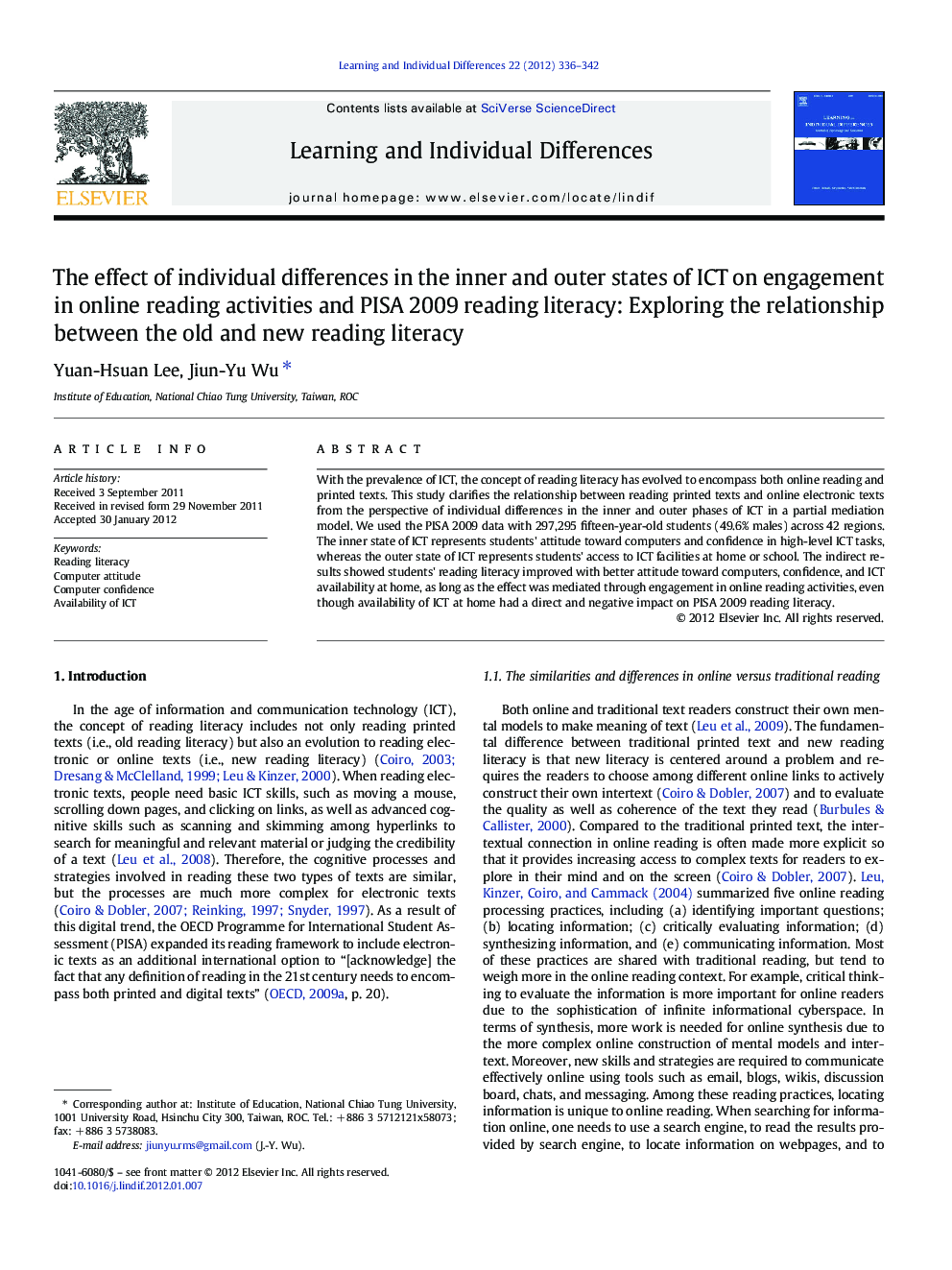 The effect of individual differences in the inner and outer states of ICT on engagement in online reading activities and PISA 2009 reading literacy: Exploring the relationship between the old and new reading literacy