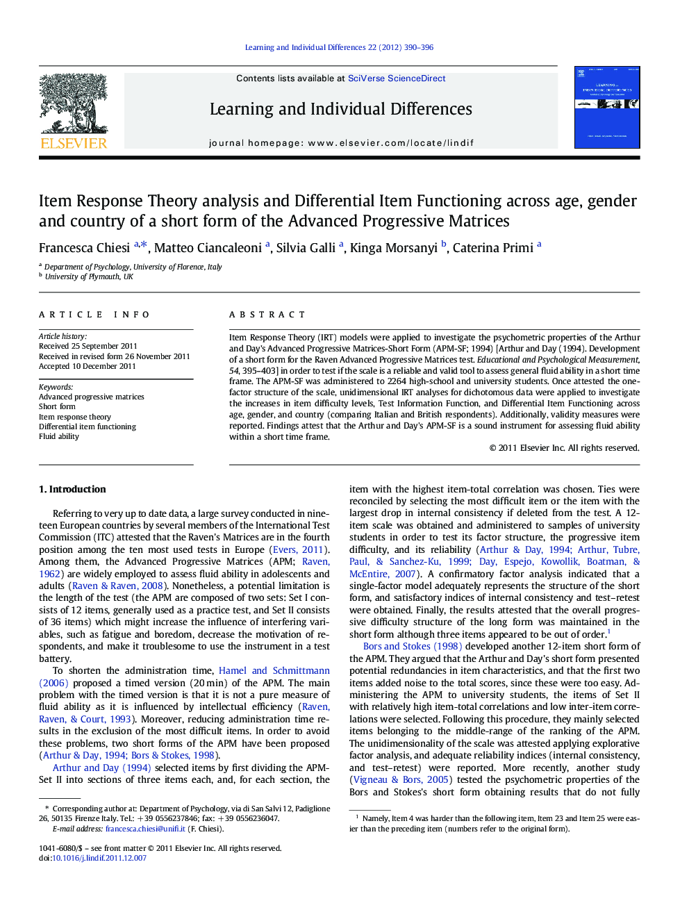 Item Response Theory analysis and Differential Item Functioning across age, gender and country of a short form of the Advanced Progressive Matrices