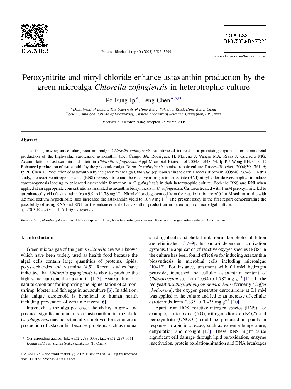 Peroxynitrite and nitryl chloride enhance astaxanthin production by the green microalga Chlorella zofingiensis in heterotrophic culture