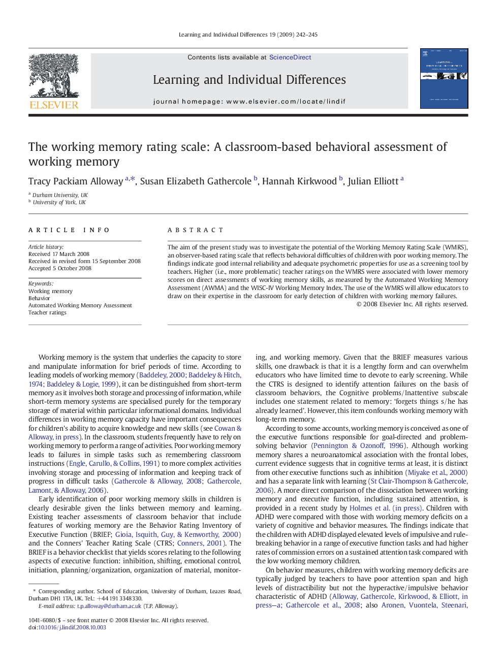 The working memory rating scale: A classroom-based behavioral assessment of working memory