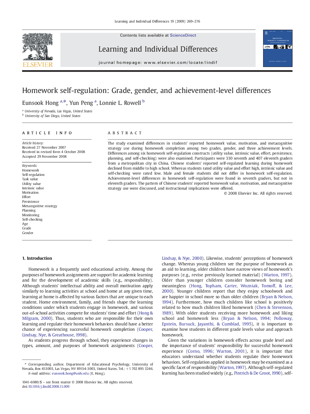 Homework self-regulation: Grade, gender, and achievement-level differences