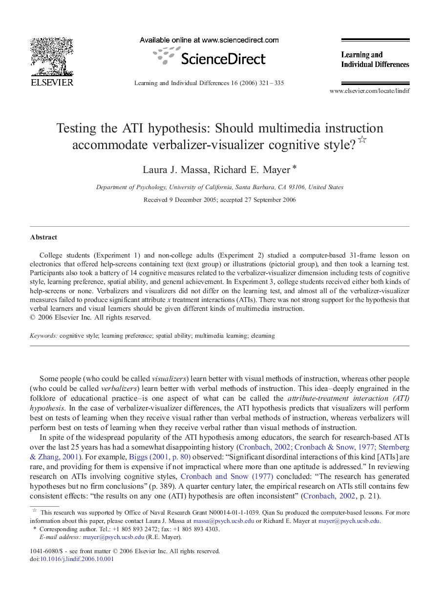 Testing the ATI hypothesis: Should multimedia instruction accommodate verbalizer-visualizer cognitive style? 