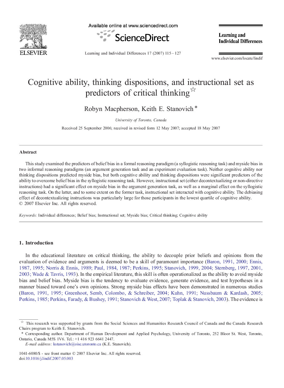 Cognitive ability, thinking dispositions, and instructional set as predictors of critical thinking 