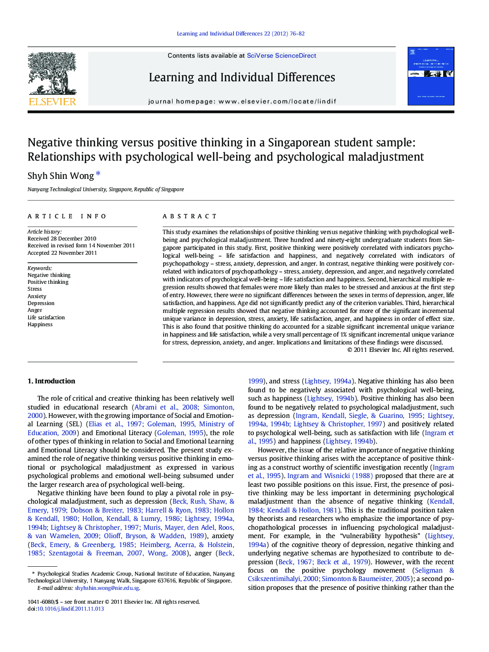 Negative thinking versus positive thinking in a Singaporean student sample: Relationships with psychological well-being and psychological maladjustment