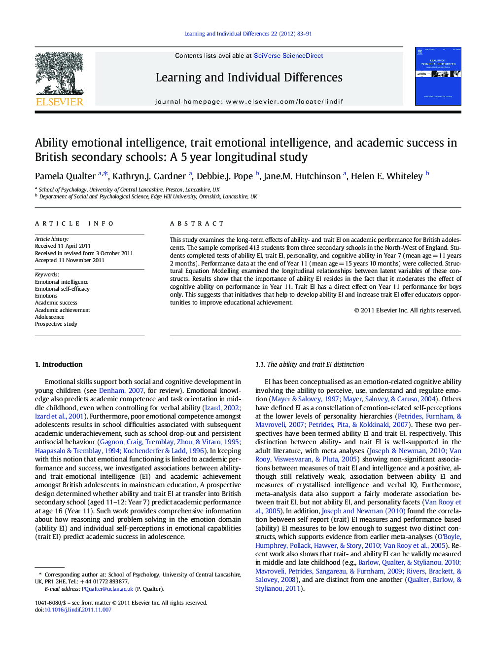 Ability emotional intelligence, trait emotional intelligence, and academic success in British secondary schools: A 5 year longitudinal study