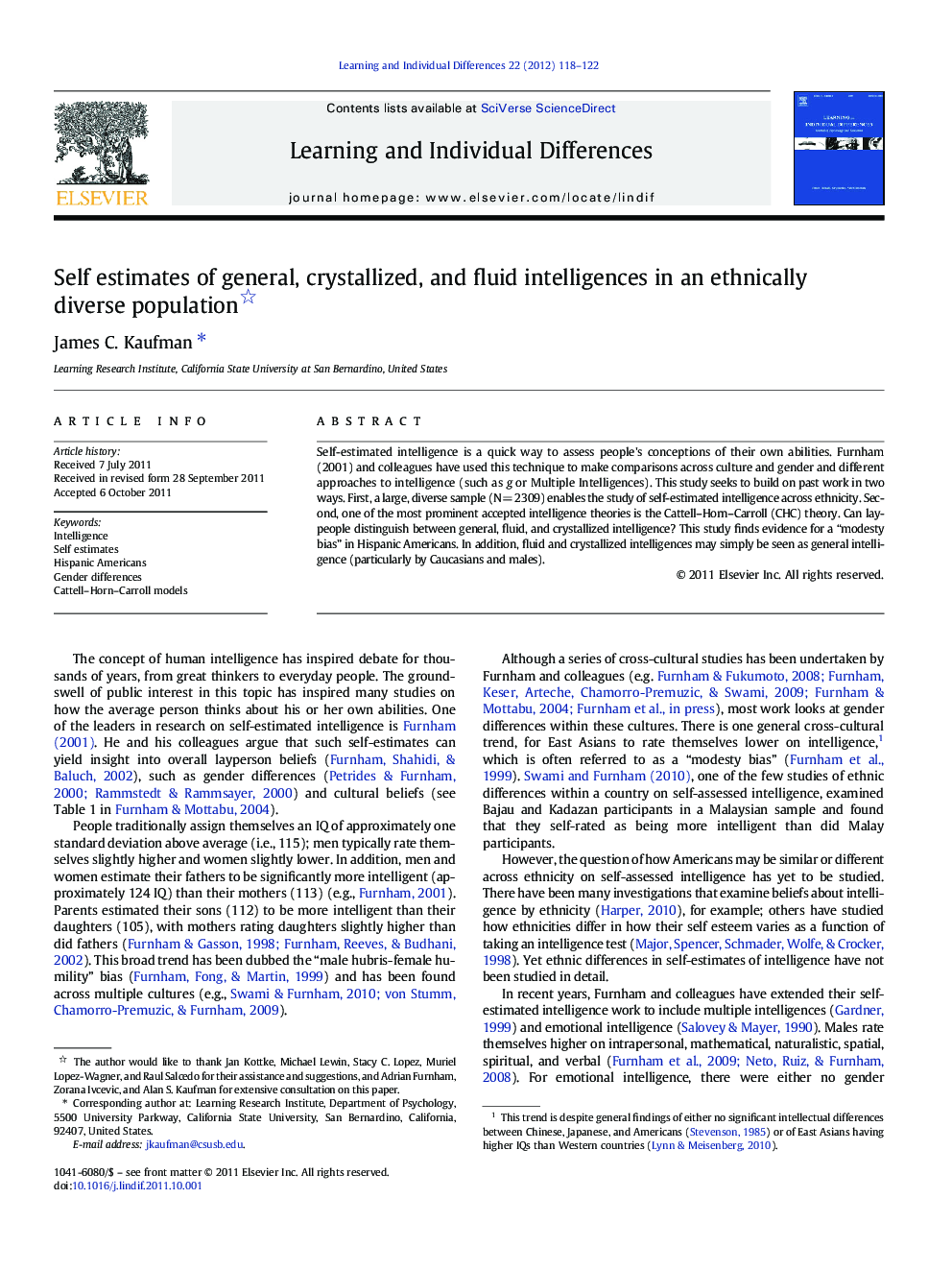 Self estimates of general, crystallized, and fluid intelligences in an ethnically diverse population 