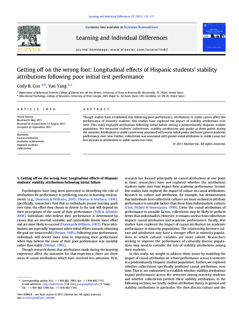 Getting off on the wrong foot: Longitudinal effects of Hispanic students' stability attributions following poor initial test performance