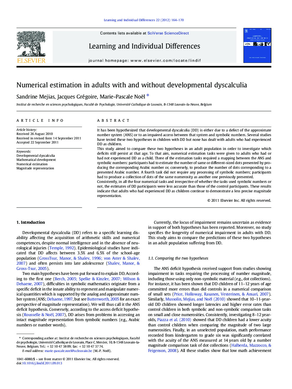 Numerical estimation in adults with and without developmental dyscalculia