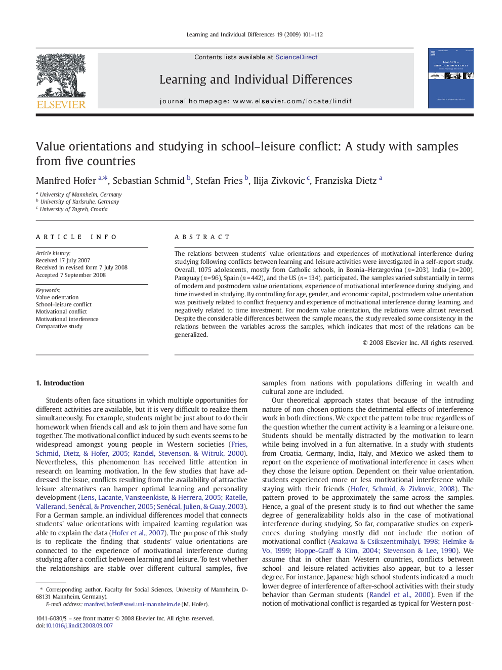 Value orientations and studying in school–leisure conflict: A study with samples from five countries