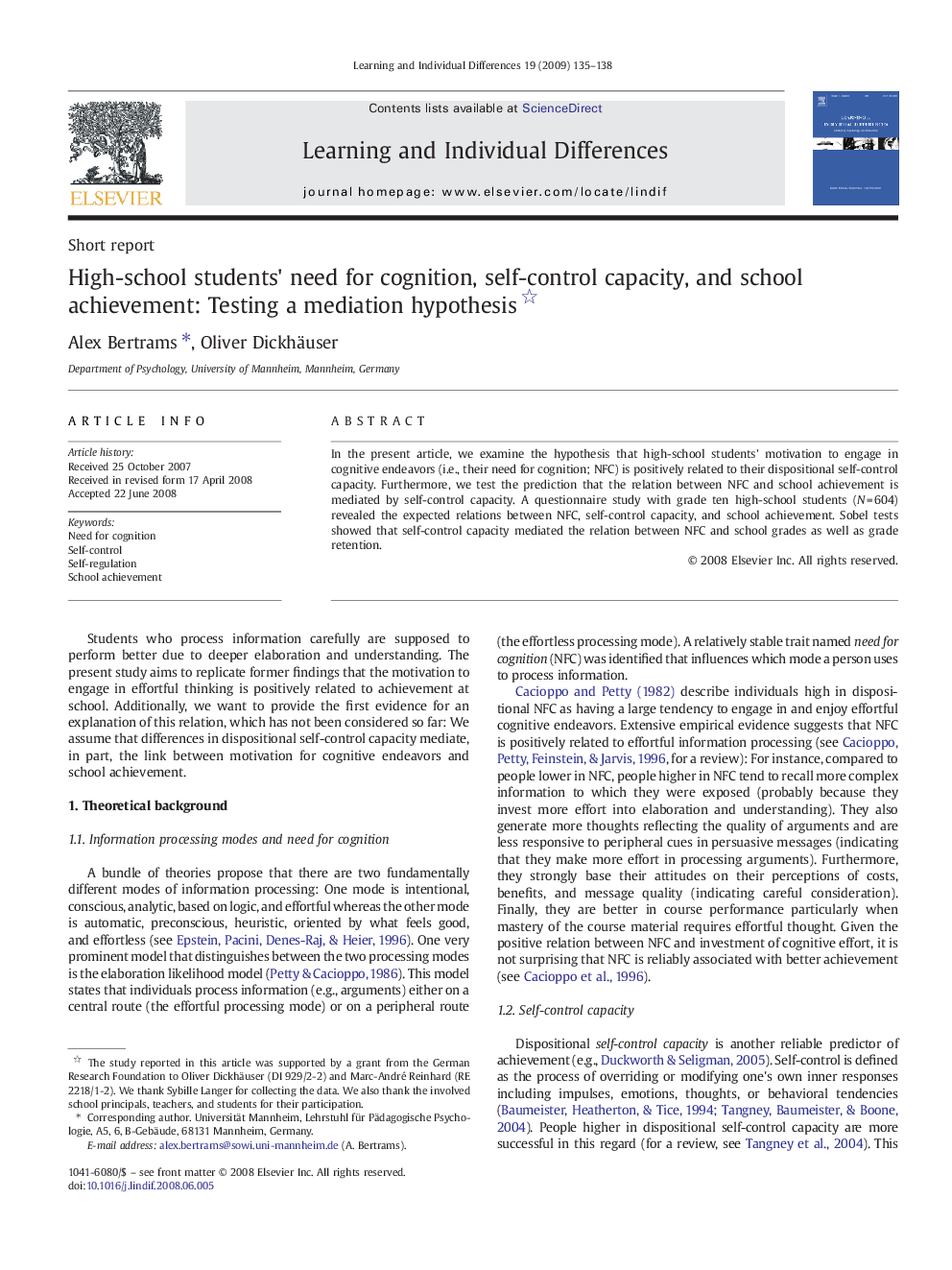 High-school students' need for cognition, self-control capacity, and school achievement: Testing a mediation hypothesis 