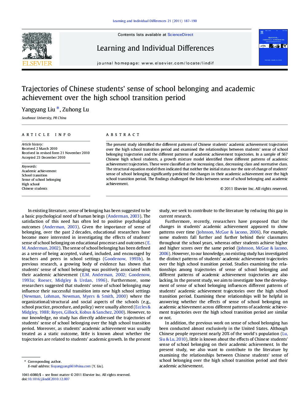 Trajectories of Chinese students' sense of school belonging and academic achievement over the high school transition period