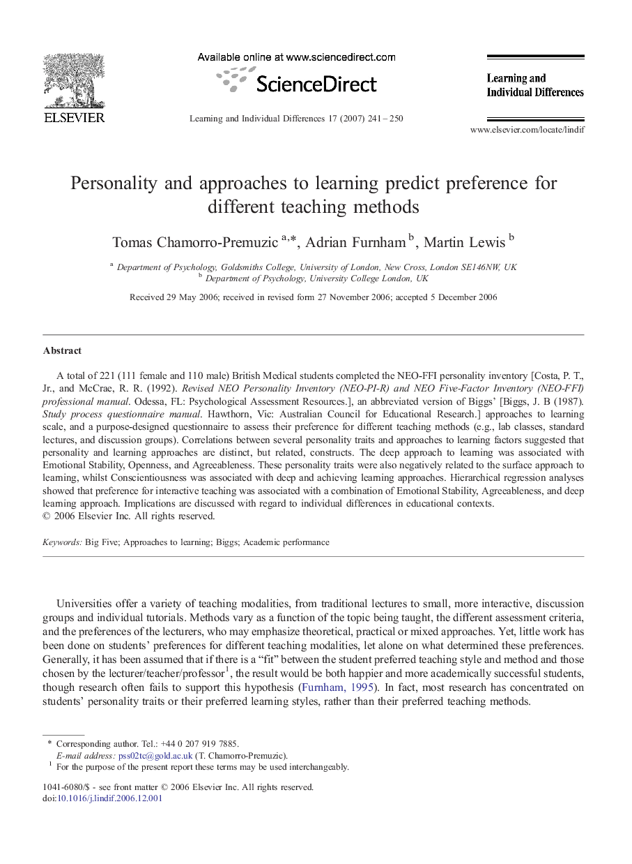 Personality and approaches to learning predict preference for different teaching methods