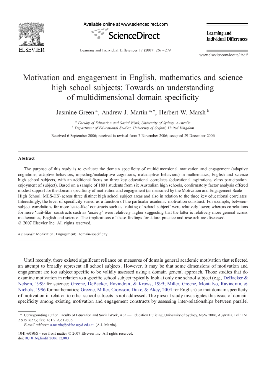 Motivation and engagement in English, mathematics and science high school subjects: Towards an understanding of multidimensional domain specificity