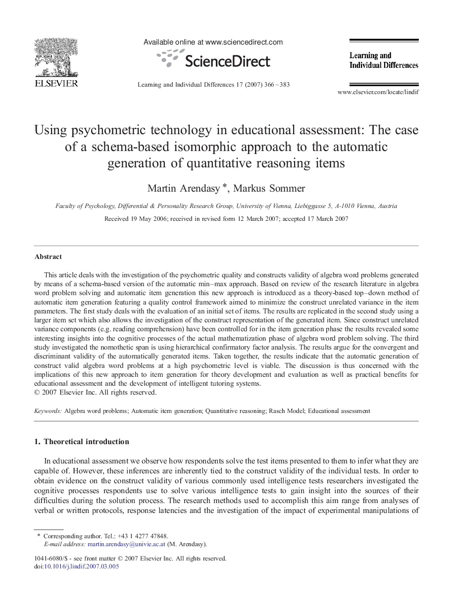 Using psychometric technology in educational assessment: The case of a schema-based isomorphic approach to the automatic generation of quantitative reasoning items