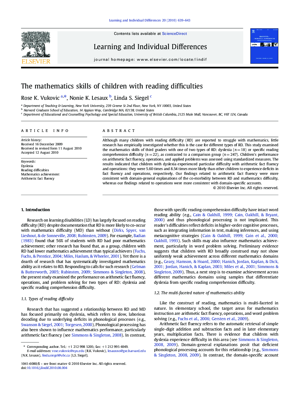 The mathematics skills of children with reading difficulties