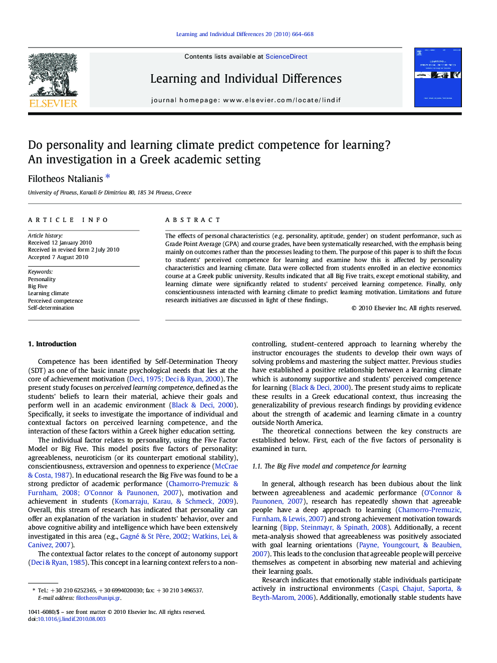 Do personality and learning climate predict competence for learning? An investigation in a Greek academic setting