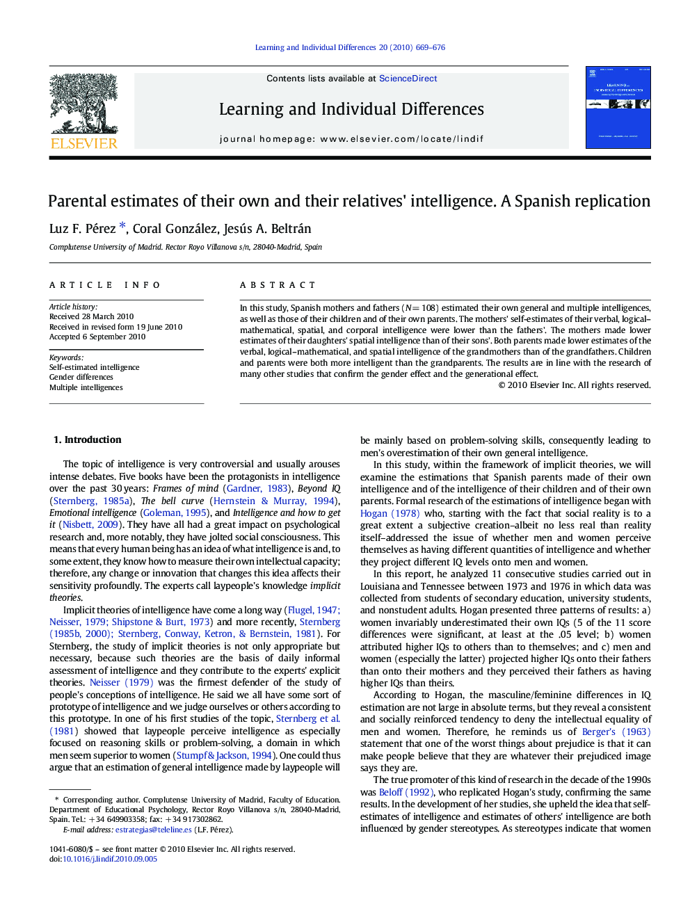 Parental estimates of their own and their relatives' intelligence. A Spanish replication