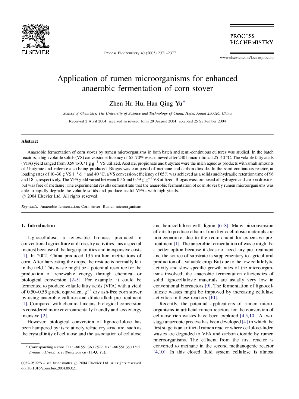 Application of rumen microorganisms for enhanced anaerobic fermentation of corn stover