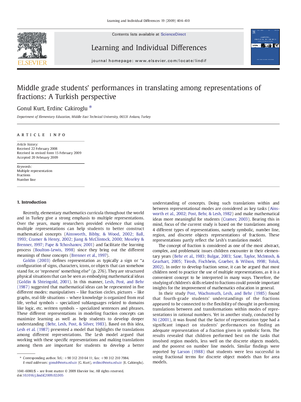 Middle grade students' performances in translating among representations of fractions: A Turkish perspective