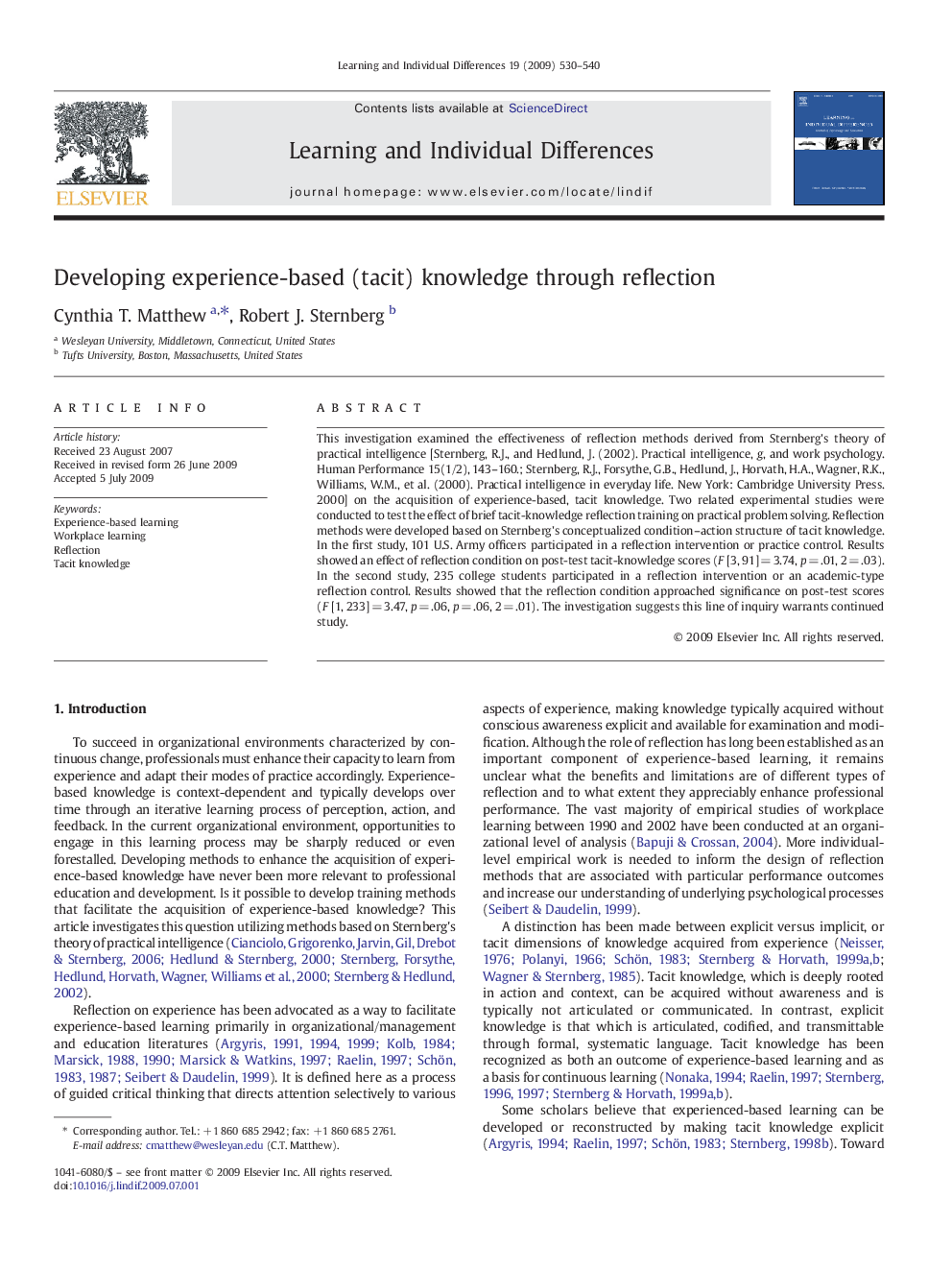 Developing experience-based (tacit) knowledge through reflection