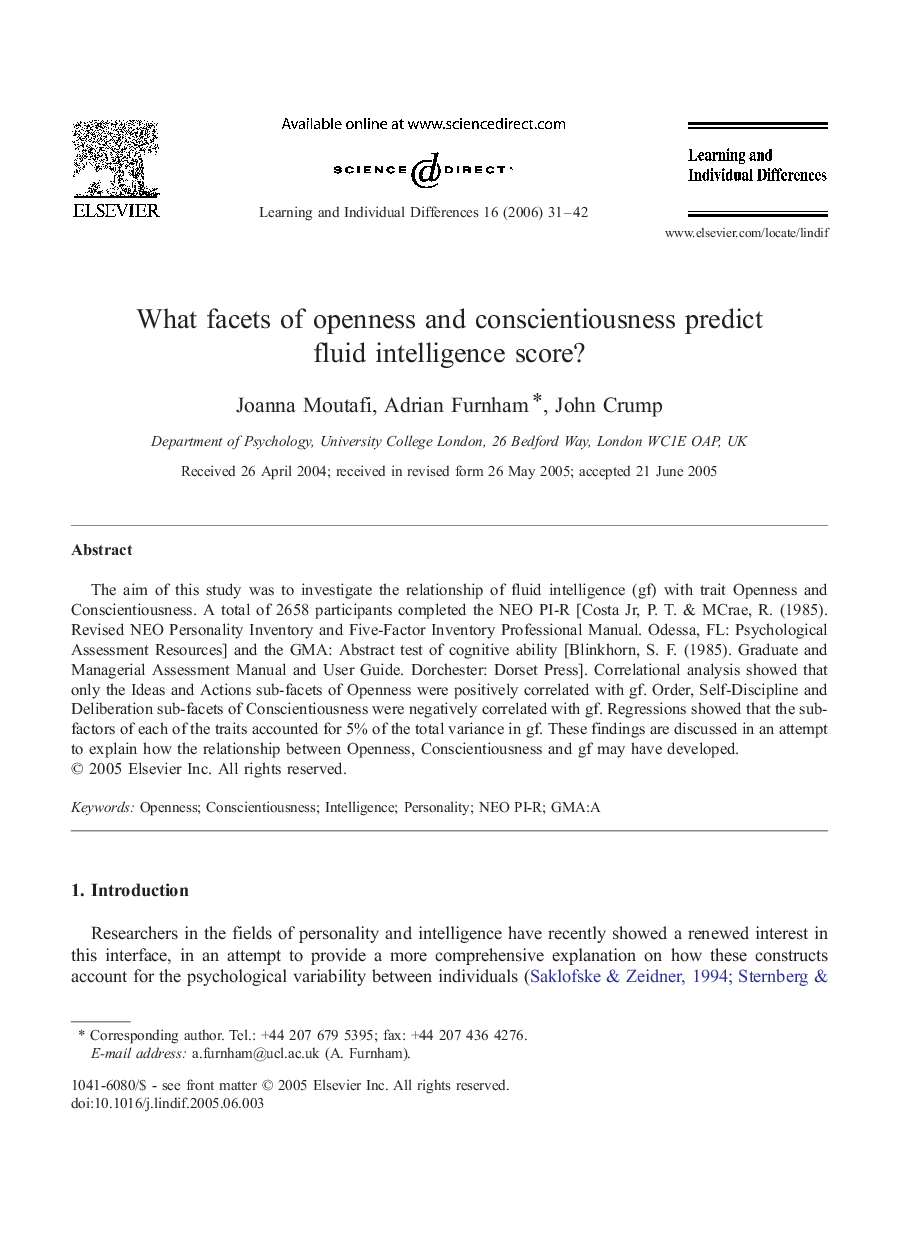 What facets of openness and conscientiousness predict fluid intelligence score?