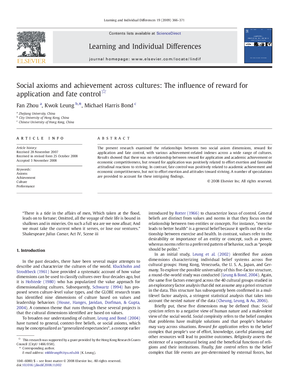 Social axioms and achievement across cultures: The influence of reward for application and fate control 