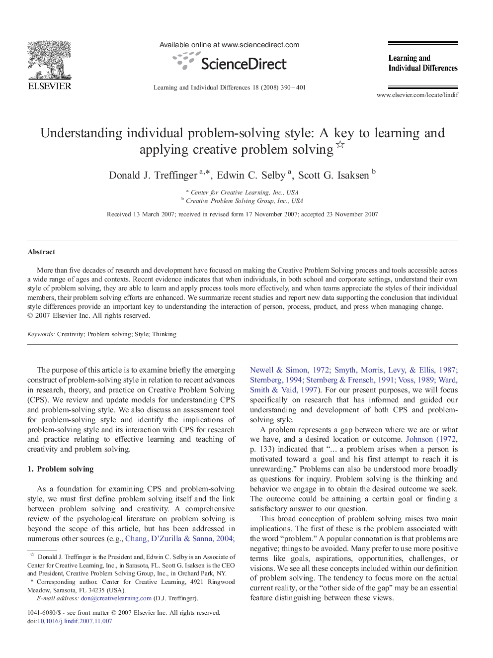 Understanding individual problem-solving style: A key to learning and applying creative problem solving 