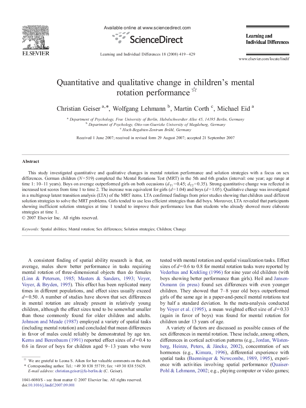 Quantitative and qualitative change in children's mental rotation performance 