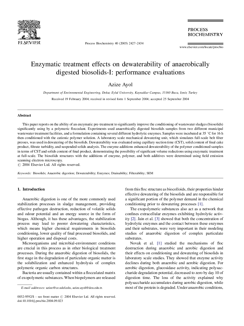 Enzymatic treatment effects on dewaterability of anaerobically digested biosolids-I: performance evaluations