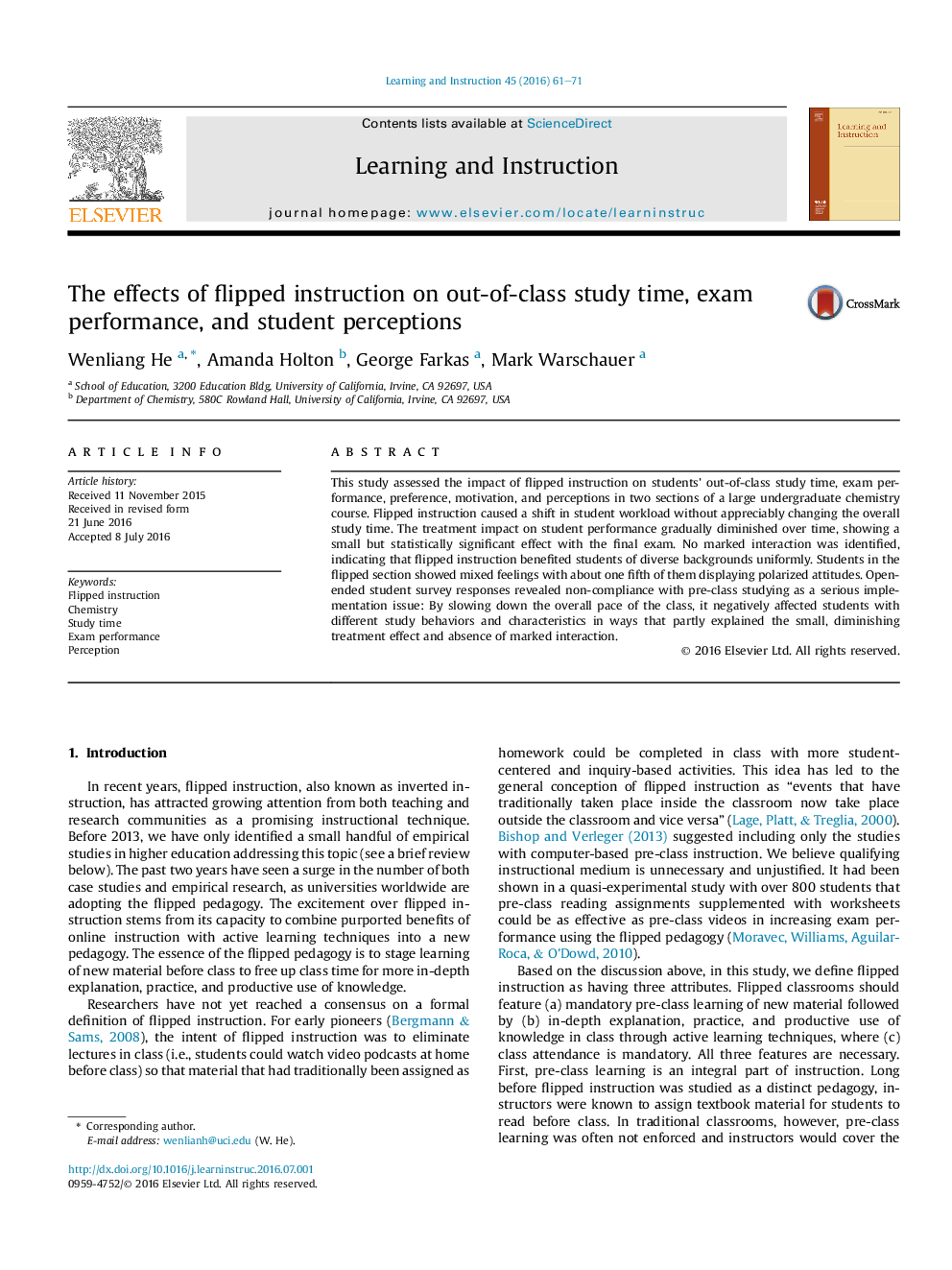 The effects of flipped instruction on out-of-class study time, exam performance, and student perceptions