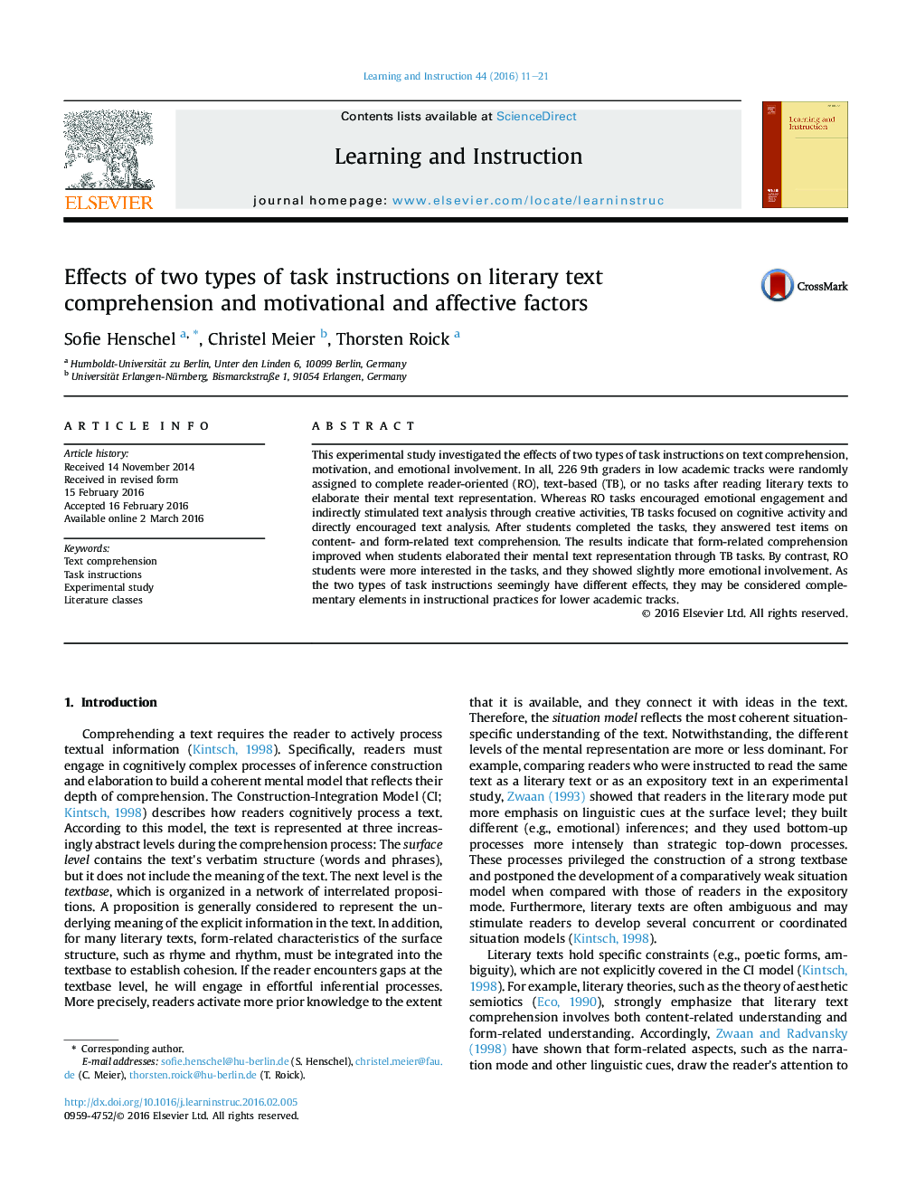 Effects of two types of task instructions on literary text comprehension and motivational and affective factors