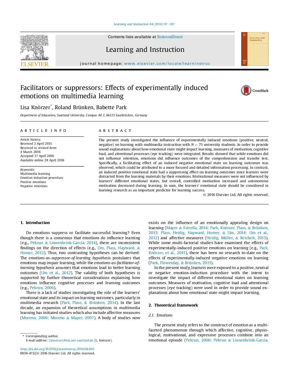 Facilitators or suppressors: Effects of experimentally induced emotions on multimedia learning