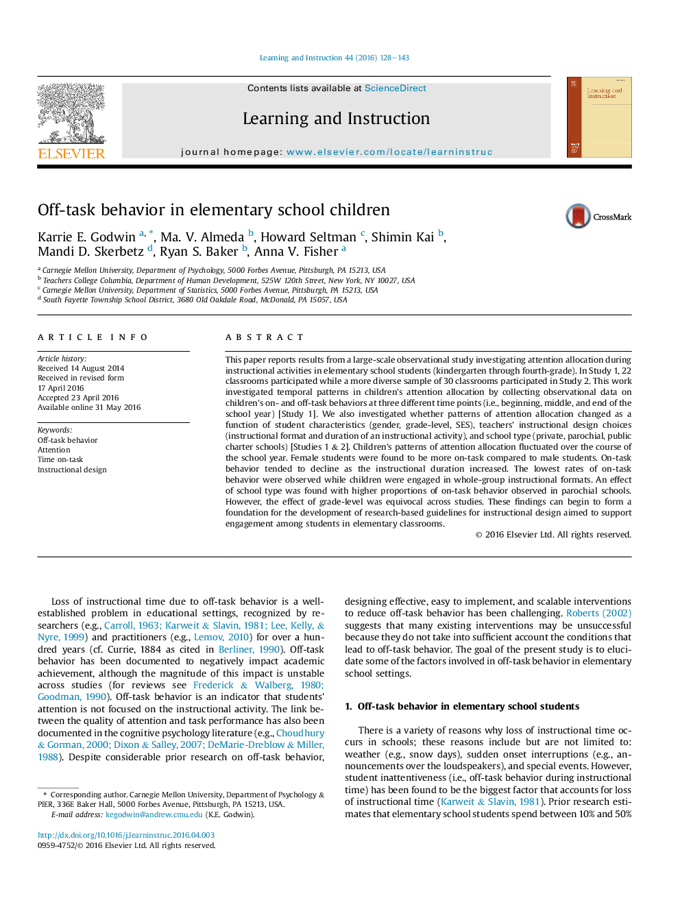 Off-task behavior in elementary school children