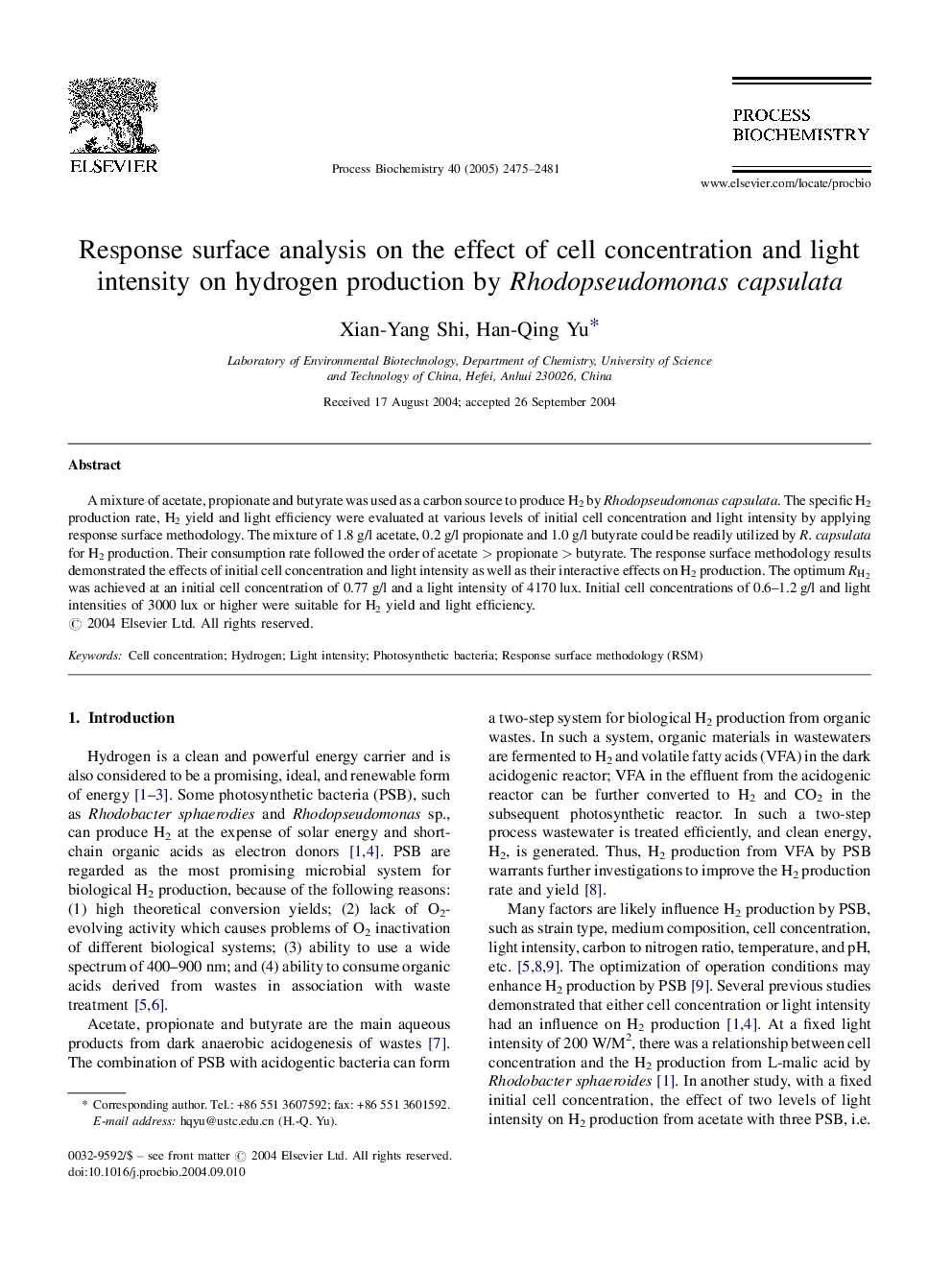 Response surface analysis on the effect of cell concentration and light intensity on hydrogen production by Rhodopseudomonas capsulata