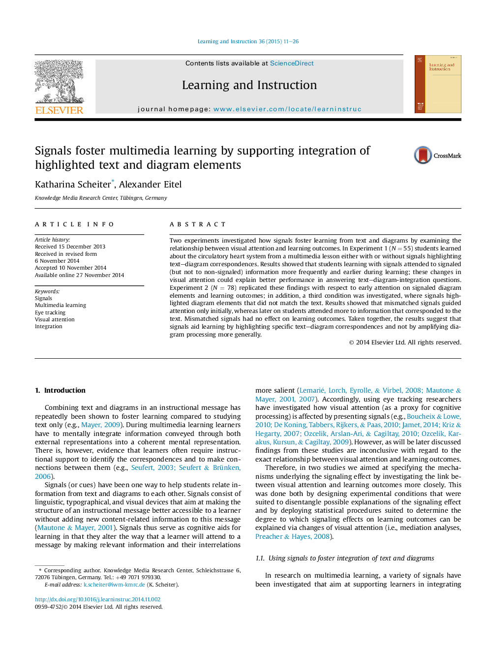 Signals foster multimedia learning by supporting integration of highlighted text and diagram elements