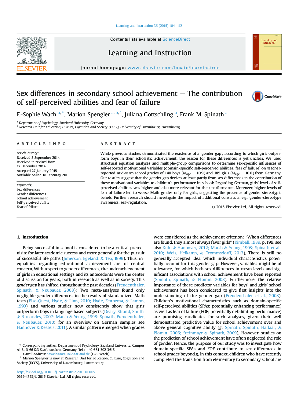 Sex differences in secondary school achievement – The contribution of self-perceived abilities and fear of failure