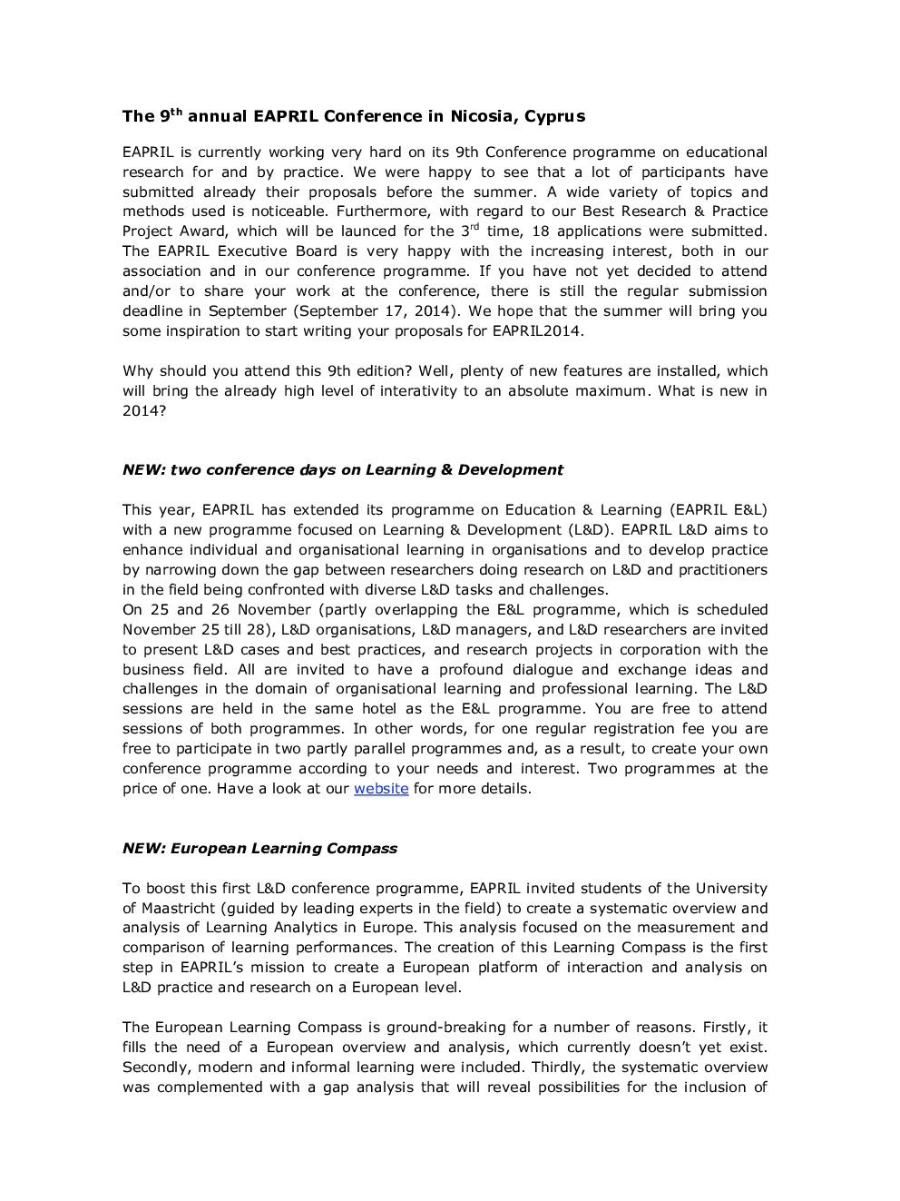 EARLI Association News