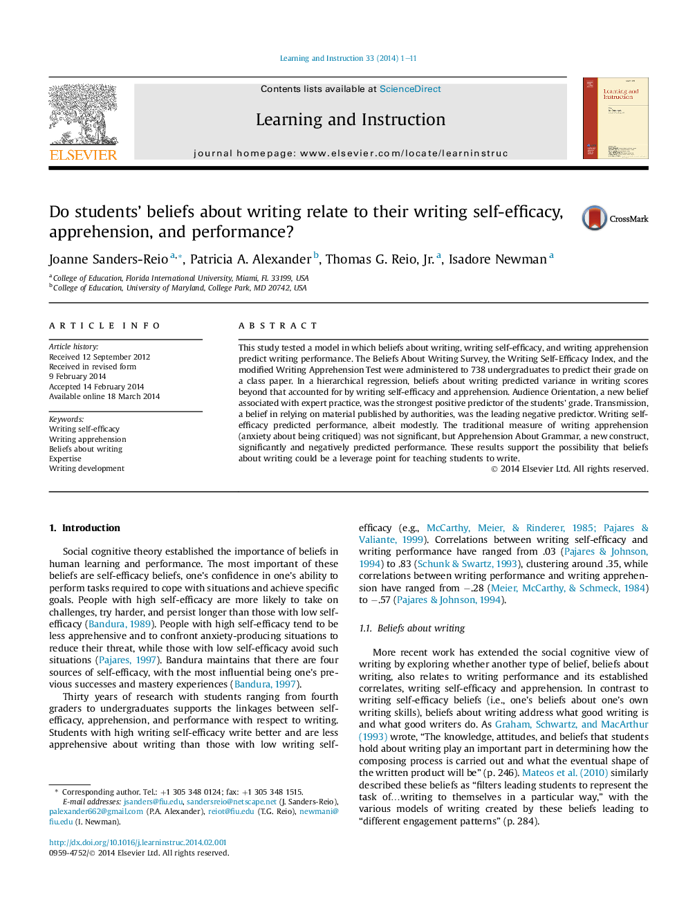 Do students' beliefs about writing relate to their writing self-efficacy, apprehension, and performance?