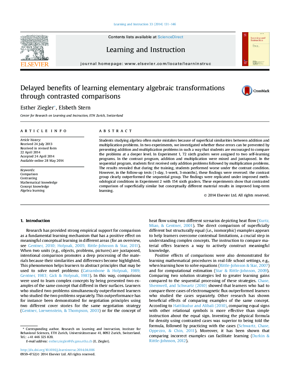 Delayed benefits of learning elementary algebraic transformations through contrasted comparisons