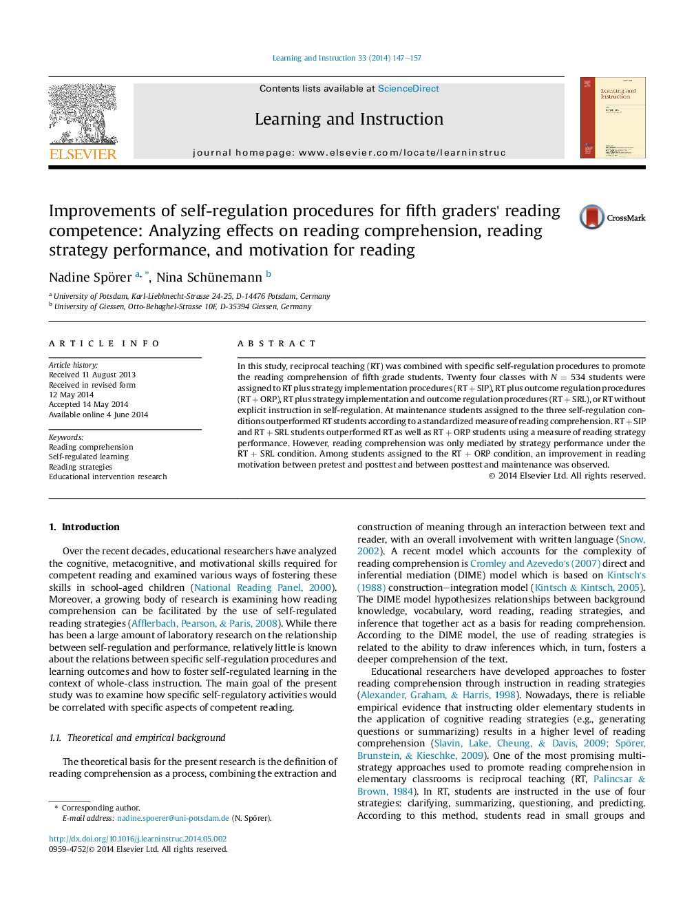 Improvements of self-regulation procedures for fifth graders' reading competence: Analyzing effects on reading comprehension, reading strategy performance, and motivation for reading