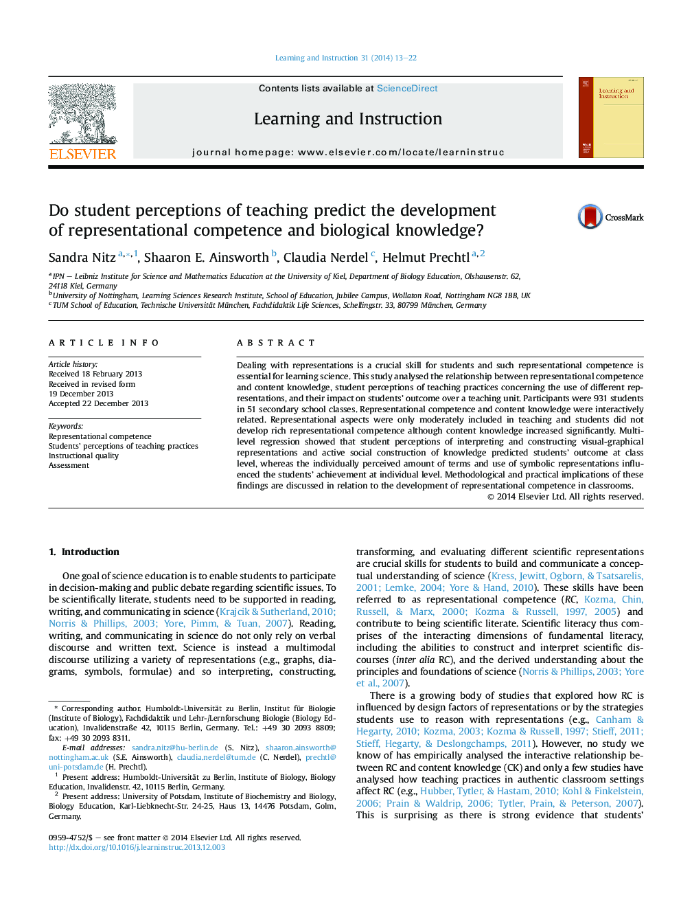 Do student perceptions of teaching predict the development of representational competence and biological knowledge?