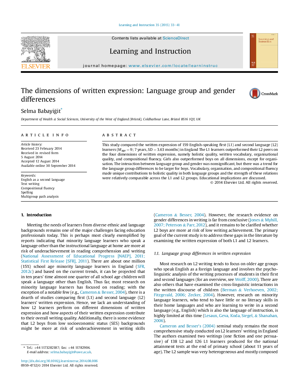 The dimensions of written expression: Language group and gender differences