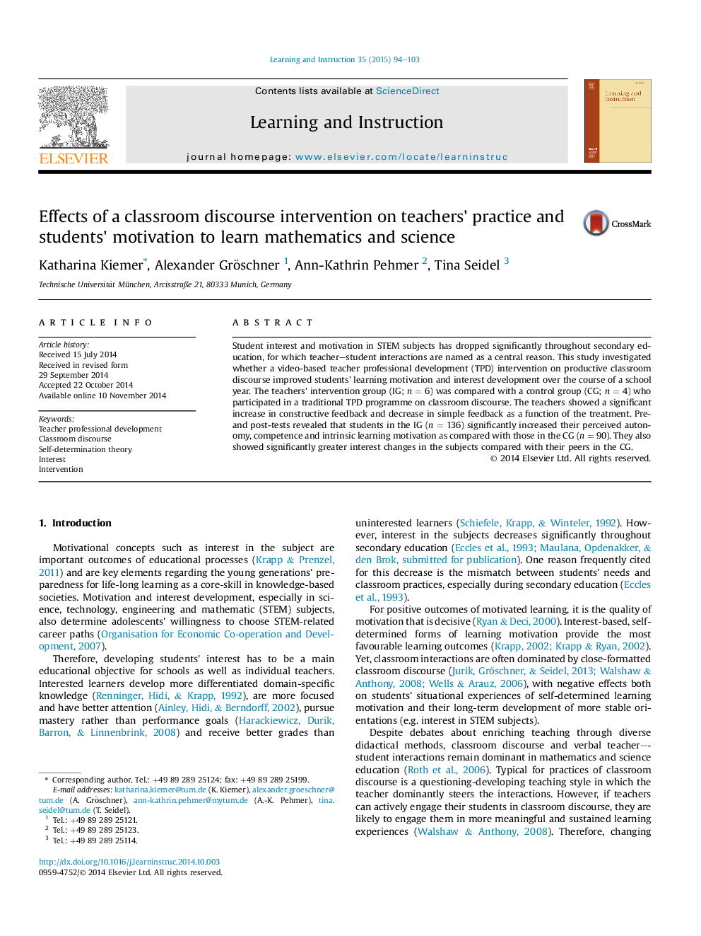 Effects of a classroom discourse intervention on teachers' practice and students' motivation to learn mathematics and science