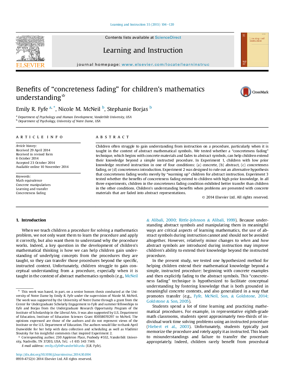 Benefits of “concreteness fading” for children's mathematics understanding 