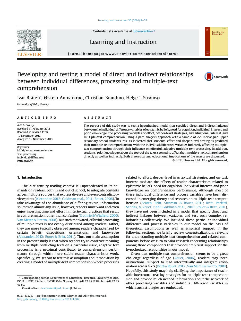 Developing and testing a model of direct and indirect relationships between individual differences, processing, and multiple-text comprehension