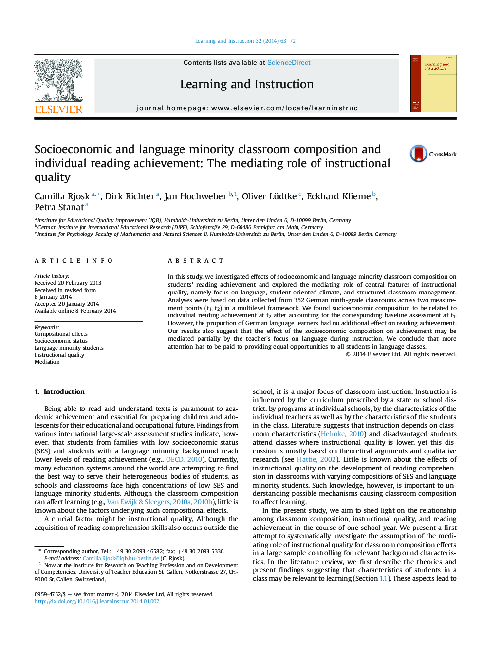 Socioeconomic and language minority classroom composition and individual reading achievement: The mediating role of instructional quality