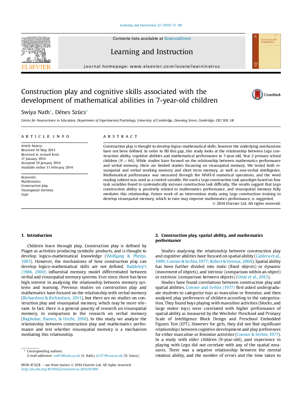 Construction play and cognitive skills associated with the development of mathematical abilities in 7-year-old children