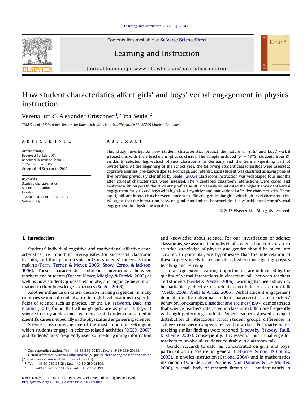 How student characteristics affect girls' and boys' verbal engagement in physics instruction