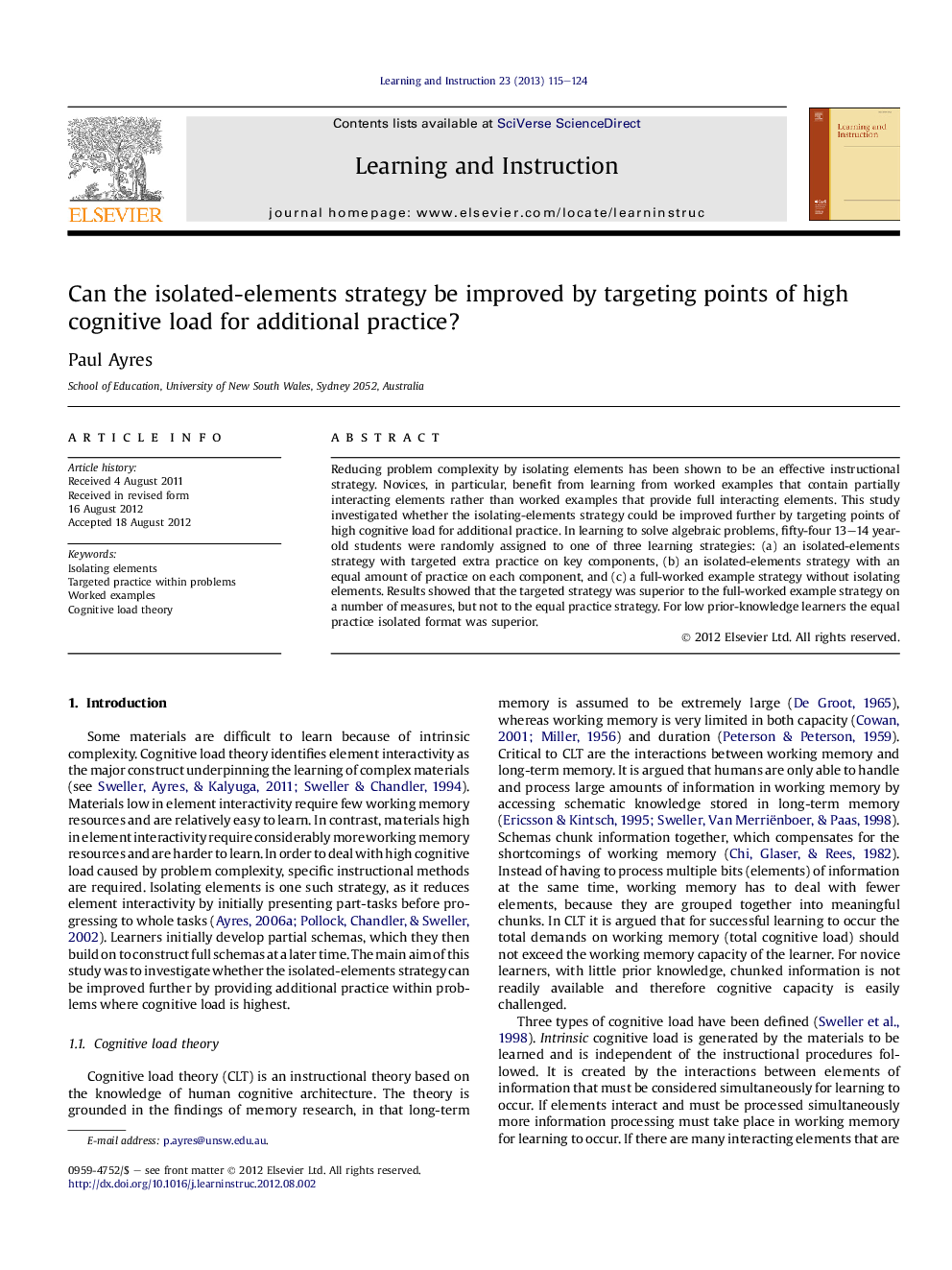 Can the isolated-elements strategy be improved by targeting points of high cognitive load for additional practice?